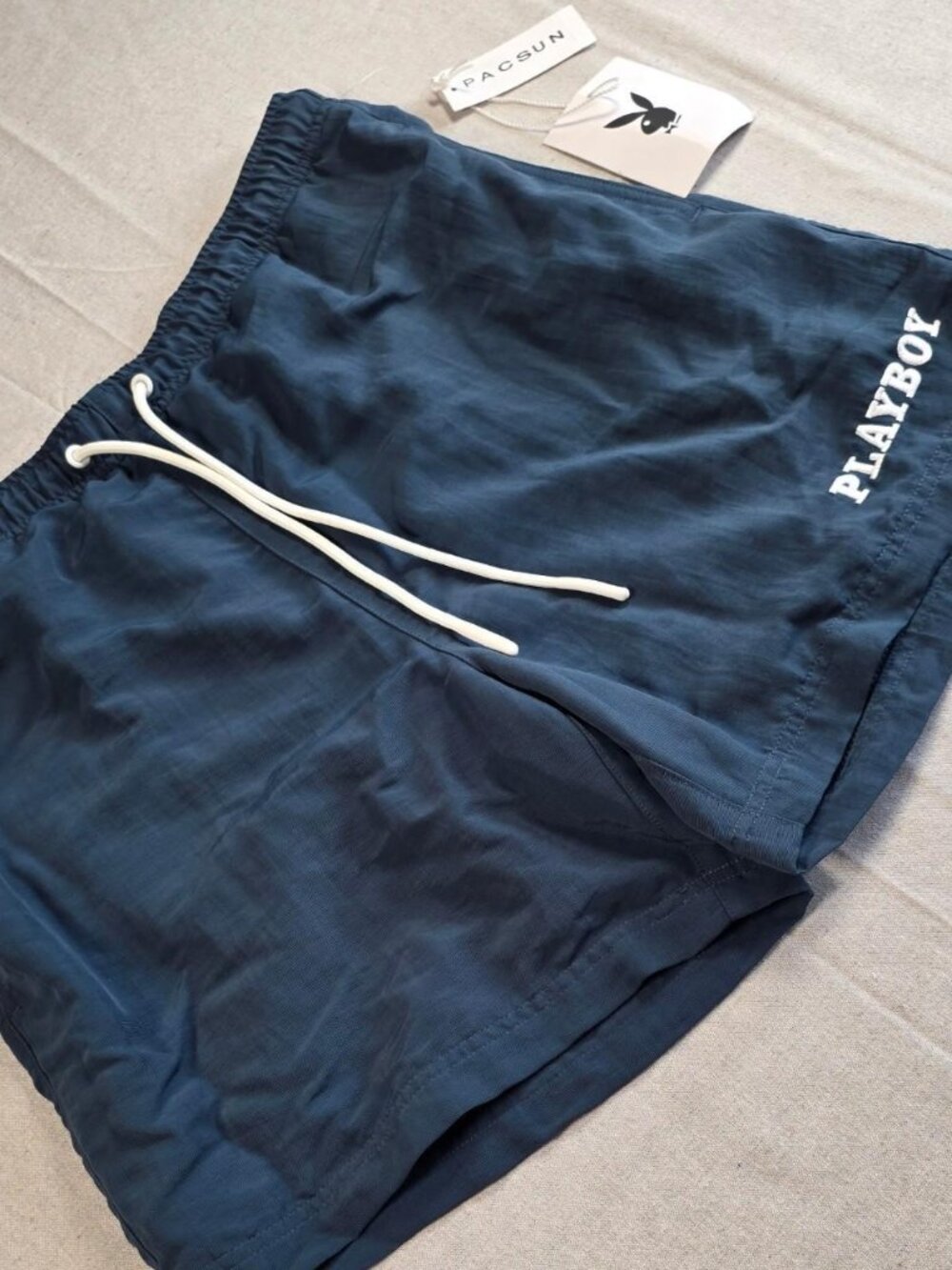 NWTs Mens Pacsun x Playboy Navy Blue Swim Shorts Embroidered Logo (Medium)